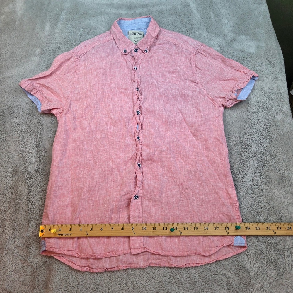 Report Collection Heritage 100% Linen Short Sleeve Button Down Mens M Pink